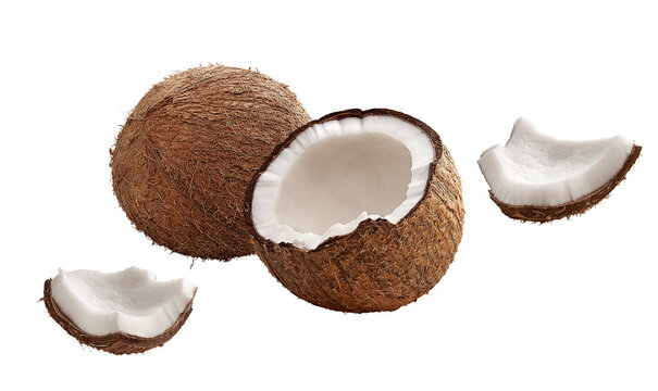 composi&ccedil;&atilde;o com coco inteiro, coco quebrado e peda&ccedil;os de coco isolado em fundo transparente