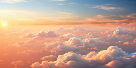 Tranquil sky seen from an aircraft, with sunlight casting a warm glow on fluffy clouds - obrazy, fototapety, plakaty