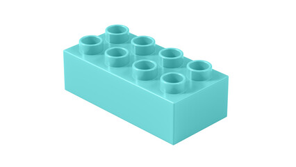 Blue Lagoon Plastic Lego Block Isolated on a White Background. Children Toy Brick, Perspective View. Close Up View of a Game Block for Constructors. 3D illustration. 8K Ultra HD, 7680x4320, 300 dpi