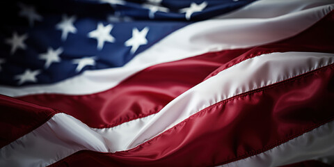The american flag is illuminated by a soft glow, with bokeh lights creating a festive background