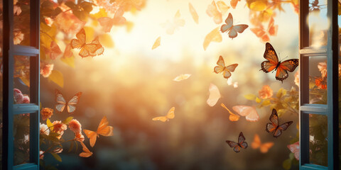 Window opens to a magical morning scene, where butterflies dance in the sun's golden rays