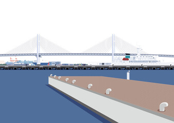 ベイブリッジを望む横浜の海　桟橋と港の風景