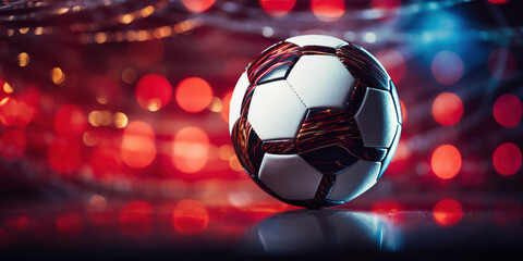 Fototapeta premium The soccer ball nestled in the goal's netting, with rays of light highlighting its pattern