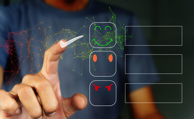 Concept of customer service and satisfaction Business people touching virtual screen on happy smiley face icon to give service satisfaction. Rating. Very impressed.