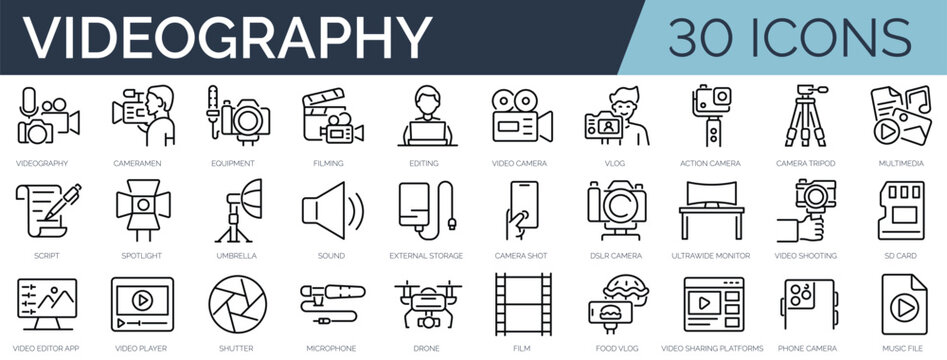 Set of 30 outline icons related to photography. Linear icon collection. Editable stroke. Vector illustration
