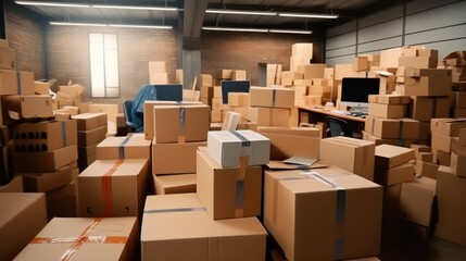 Optimization storage systems for efficient product accounting. Cardboard boxes with parcels from online stores in delivery service office. Express delivery with modern accounting and distribution