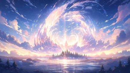 Schilderijen op glas Enchanted Realms: Legendary Landscapes of Fantasy, Mystical and Breathtaking Worlds. © dimensdesign
