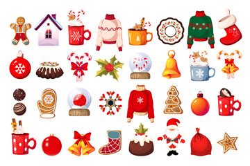 Naklejka premium A large set of Christmas elements. Merry Christmas and Happy New Year. Christmas pudding, winter sweater, ginger cookies, hot chocolate, lollipops, Santa Claus.Vector illustration.