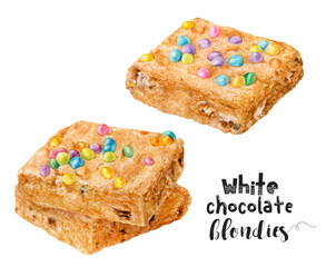Watercolor illustration of white chocolate blondies dessert close up. Design template for packaging, menu, postcards.