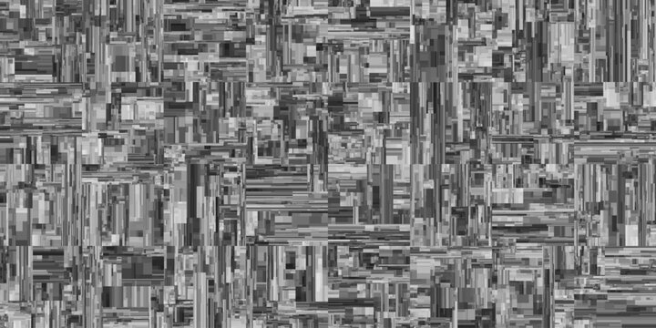 Digital pixel noise glitch art grunge texture with rectangular chaotic layered shapes structure. Seamless monochrome futuristic sci-fi cyberpunk displacement map panel circuit board. Vector background