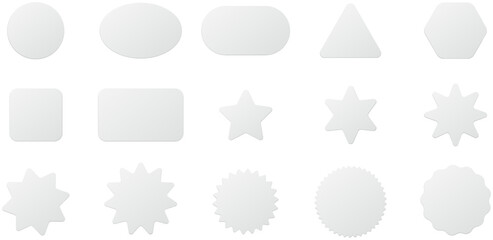 Shapes adhesive symbols set. White tags, paper rounded stickers. Isolated paper mockup  collection. Realistic set of many rounded shapes for prices or others designs. Square, rectangle, stars, and mor © AlexPhotoStock