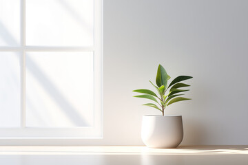 Indoor Potted Plant on Empty White Kitchen Table Near Window: Home Interior Decor with Greenery, Simple and Clean Design, Natural Light, Cozy Atmosphere. Ideal Space for Showcasing Your Product