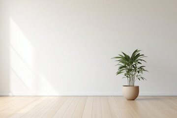 Modern interior mockup template. Light empty space with white wall, wooden floor and green potted plant. Sun rays entering into empty room from the window