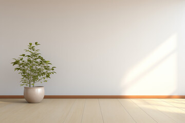 Modern interior mockup template. Light empty space with white wall, wooden floor and green potted plant. Sun rays entering into empty room from the window