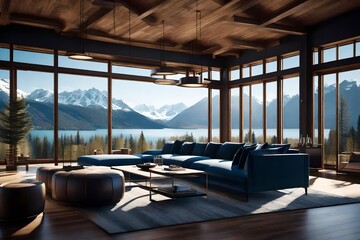 a modern  and luxurious open plan living room and kitchen interior with a view of a lake and alpine landscape  lodge style al rendered