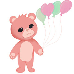 Watercolor of a bear standing and holding a balloon happy mood