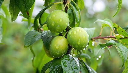 Growing green plums hanging on their branch