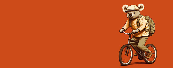 Fototapeta premium Cute energetic koala delivery man in a cap rides a bicycle on a brown copy space background
