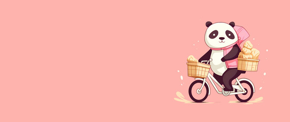 Cute panda courier carries a package on a scooter on a delicate pink background with copy space for text