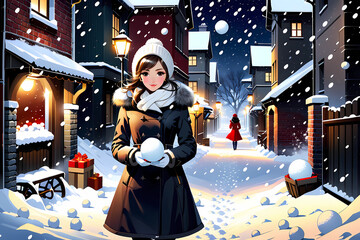 A deepening winter night with white snow and a happy girl. Generative AI