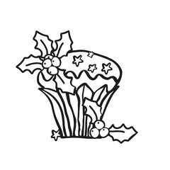 Christmas sweet cake with greenery. Clip art for coloring page,decor tag, gift wrap, web banner, Vector holiday hand drawn illustration, isolated on white background