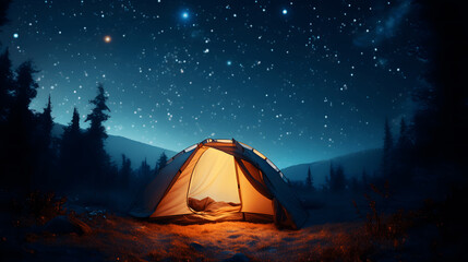  camping tent glows under a night sky full of stars. - obrazy, fototapety, plakaty