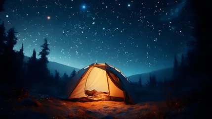 Selbstklebende Fototapeten  camping tent glows under a night sky full of stars. © Sagar