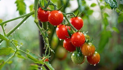 Cherry tomatoes, ripen on the vine in a garden