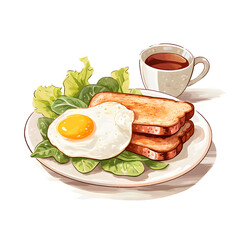 Breakfast with fried egg, toast, lettuce and coffee. AI Generative