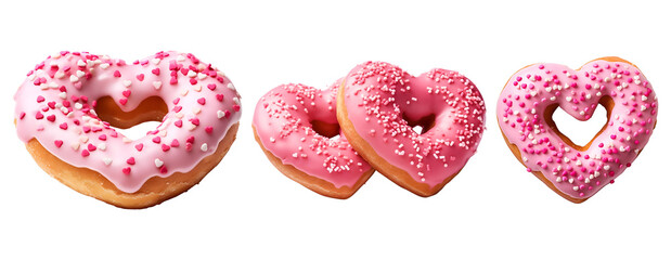 Fototapeta na wymiar Valentine’s Day Set: A Pink Donut in the Shape of a Heart, Isolated on Transparent Background, PNG