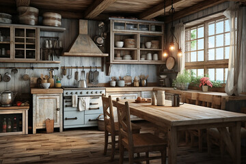 Conceptualize a rustic farmhouse kitchen with distressed wood, vintage accessories, and a farmhouse sink