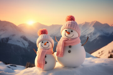 Fototapeta premium Two cute snowmen in hats and scarves on the background of winter snow-capped mountains. Snowy frosty winter nature
