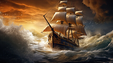Obraz premium pirate ship sailing during a storm. pirate ship on a night storm seaside