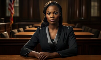 An adult African American woman with long hair looks seriously at the camera while sitting at a table in a courtroom with the US flag in the background. - obrazy, fototapety, plakaty
