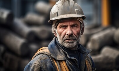 An elderly Caucasian man in a protective helmet with a serious expression stands at an industrial site.
