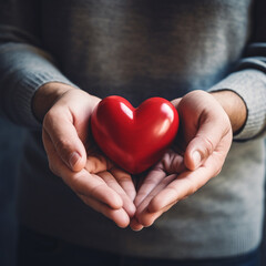 Couple family hands holding red heart. Foster health insurance adoptive organ donation. Happy volunteer charity CSR social responsibility. World health day and World heart day mental day theme.