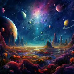 Cosmic Garden, Planets and Nebulas, Space Art, pattern.