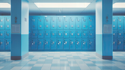blue lockers in a school hallway. high school lobby corridor interior - obrazy, fototapety, plakaty