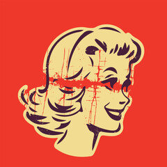 retro cartoon illustration of a happy woman with sketchy simple face and creepy cracks