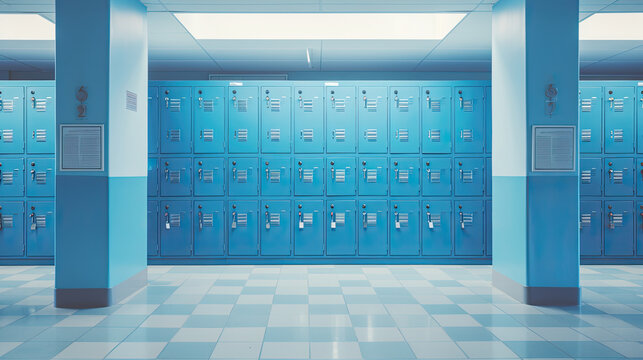 blue lockers in a school hallway. high school lobby corridor interior