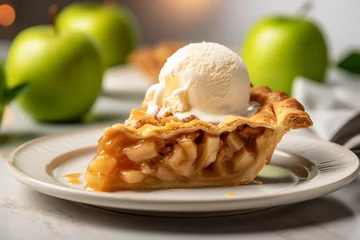 Fotobehang A slice of apple pie with vanilla ice cream scoop © HQ2X2