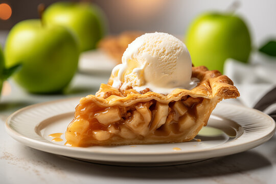 A slice of apple pie with vanilla ice cream scoop