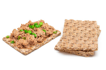 Crispy Sandwich with Chicken Pate and Green Onions Isolated on White Background - Top View. Whole...