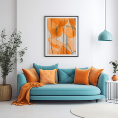 Teal curved sofa with orange pillows against white wall with poster. Scandinavian style home interior design of modern living room.