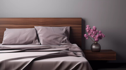 A bed with a wooden headboard and a gray blanket and pillows and a vase with a flower on it