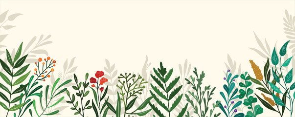 Abstract foliage and botanical background. Green wallpaper of monstera leaves, leaves, branches, hand drawn. Exotic plants background for banners, prints, decor, wall art.