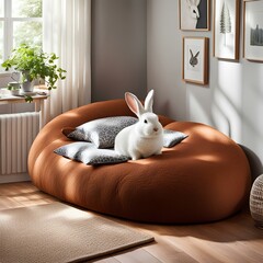 Cozy Bedroom with a Burrow-Inspired Bed Made from Soft Foam, Resembling a Rabbit's Form, interior of a bedroom, interior of a hotel room, rabbit on the sofa