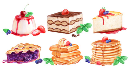 HWatercolor illustrations of Desserts and Cakes