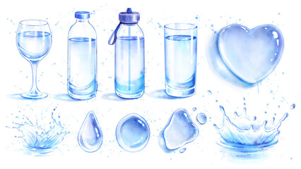 Watercolor illustration set water bottles and splashes