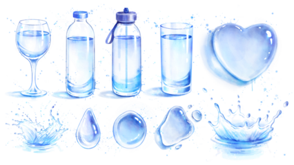 Watercolor illustration set water bottles and splashes